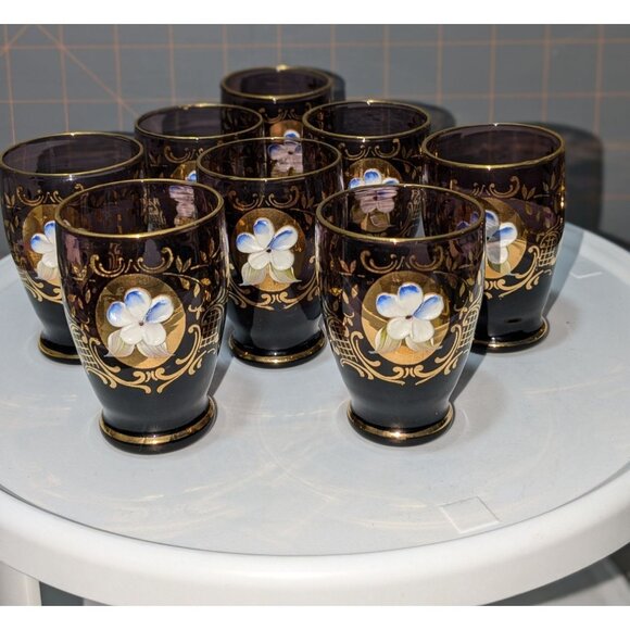 Vintage Amethyst Decanter Set 8 Hand-Painted Cups Gold Gilded Raised Floral Desi - Picture 15 of 16